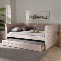 Baxton Studio CF8825-Light Pink-Daybed-Q/T Amaya Modern and Contemporary Light Pink Velvet Fabric Upholstered Queen Size Daybed with Trundle